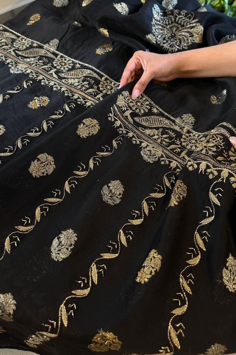 Jet Black | Zari Chanderi Chikankari Fabrics
