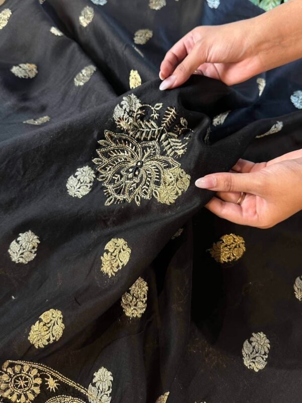 Jet Black | Zari Chanderi Chikankari Fabrics - Image 12