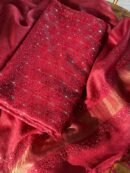 Roheen Red Tussar Silk Chikankari Unstitched Kurta Dupatta Fabrics Set