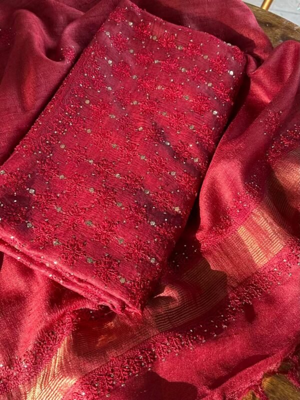 Roheen Red Tussar Silk Chikankari Unstitched Kurta Dupatta Fabrics Set - Image 3