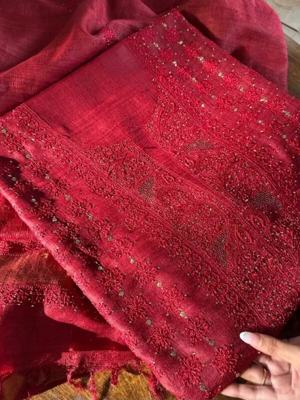 Roheen Red Tussar Silk Chikankari Unstitched Kurta Dupatta Fabrics Set