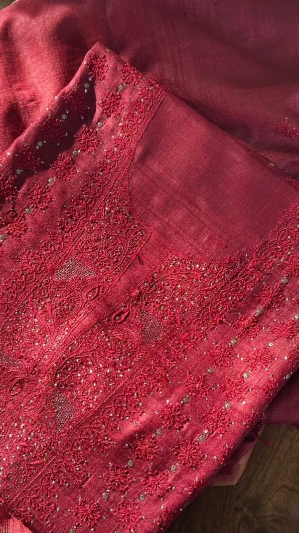 Roheen Red Tussar Silk Chikankari Unstitched Kurta Dupatta Fabrics Set - Image 6
