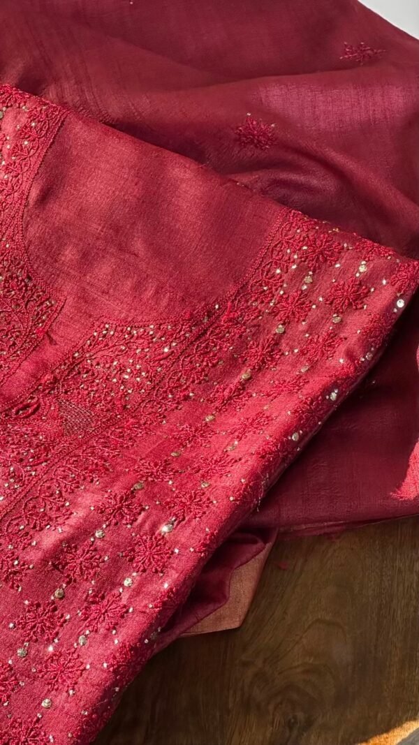 Roheen Red Tussar Silk Chikankari Unstitched Kurta Dupatta Fabrics Set - Image 7