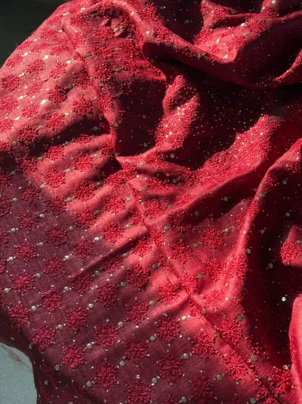 Roheen Red Tussar Silk Chikankari Unstitched Kurta Dupatta Fabrics Set - Image 12