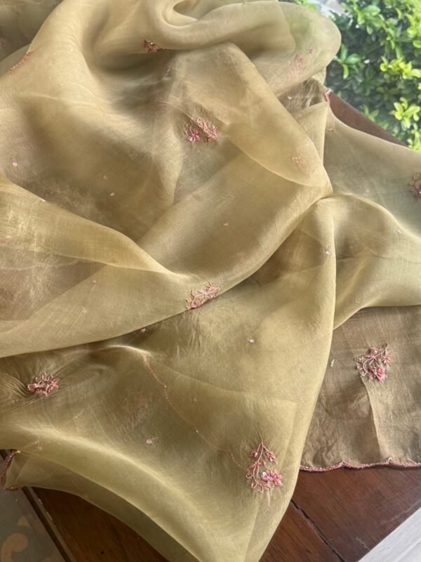 Green Noor Organza Silk Chikankari Unstitched Kurta Dupatta Set - Image 9