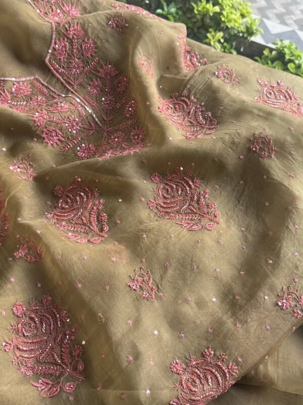 Green Noor Organza Silk Chikankari Unstitched Kurta Dupatta Set - Image 4