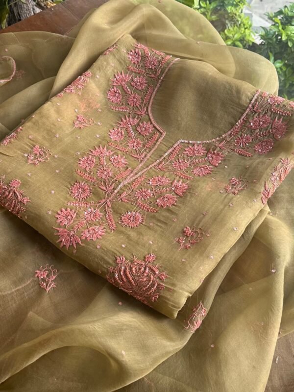 Green Noor Organza Silk Chikankari Unstitched Kurta Dupatta Set - Image 2