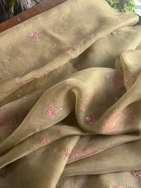 Green Noor Organza Silk Chikankari Unstitched Kurta Dupatta Set - Image 8