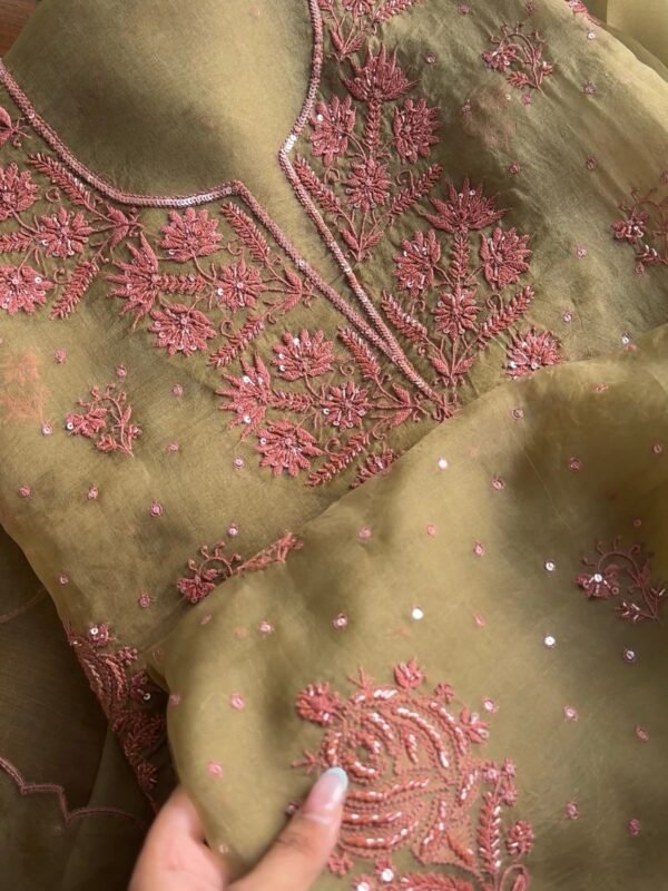 Green Noor Organza Silk Chikankari Unstitched Kurta Dupatta Set