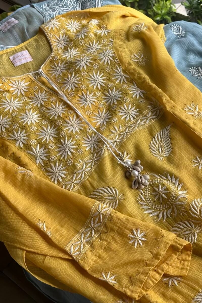 Yellow Semi Stitched Kota Chikankari Kurta Dupatta Set With All Over Mukaish Kamdani Work