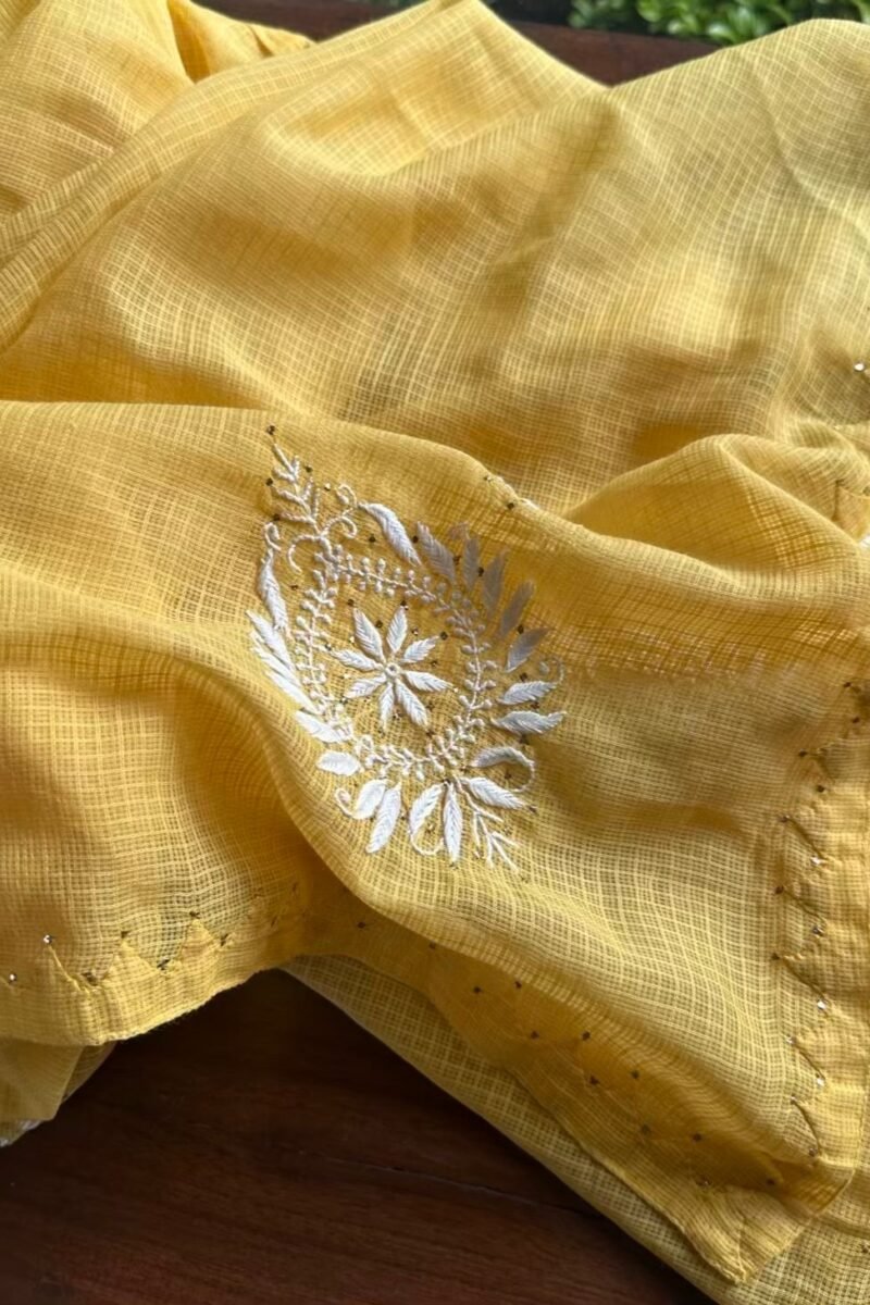 Yellow Semi Stitched Kota Chikankari Kurta Dupatta Set With All Over Mukaish Kamdani Work