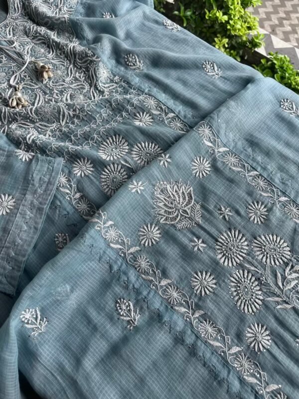 Blue Semi Stitched Kota Chikankari Kurta Dupatta Set With All Over Mukaish Kamdani Work - Image 3