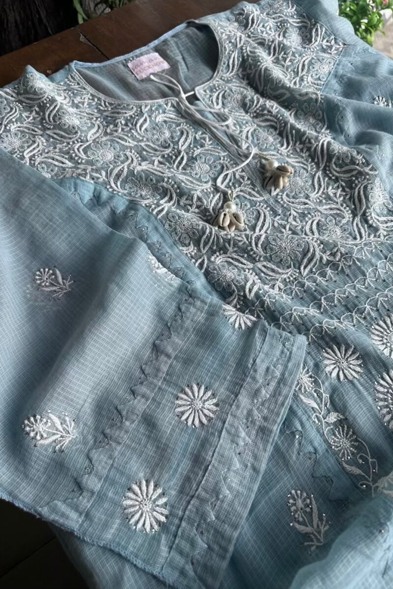 Blue Semi Stitched Kota Chikankari Kurta Dupatta Set With All Over Mukaish Kamdani Work