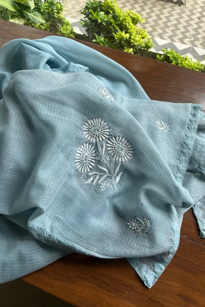 Blue Semi Stitched Kota Chikankari Kurta Dupatta Set With All Over Mukaish Kamdani Work