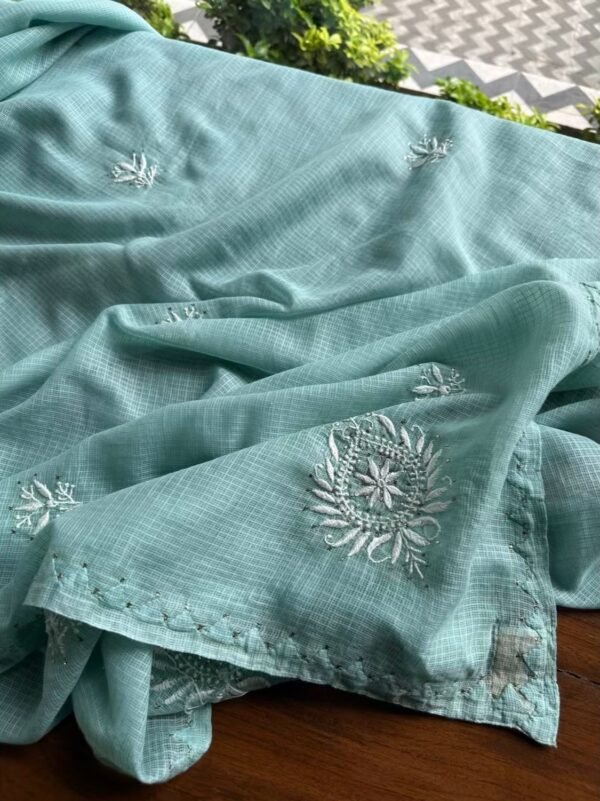 Green Semi Stitched Kota Chikankari Kurta Dupatta Set With All Over Mukaish Kamdani Work - Image 6