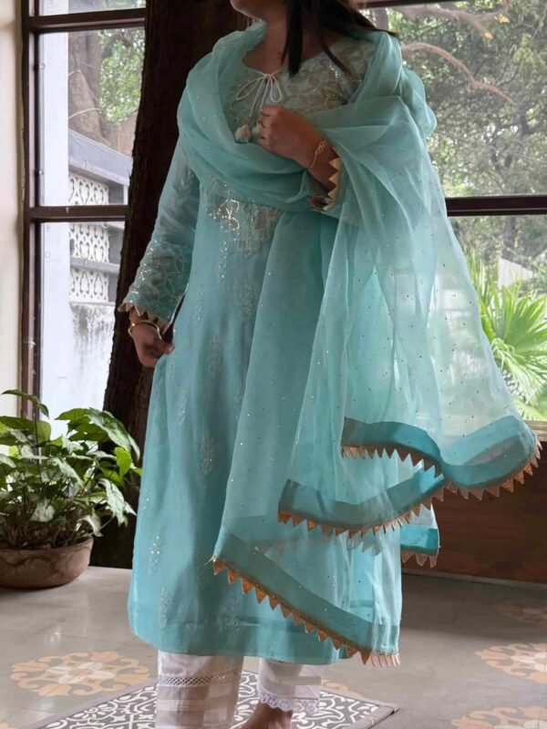 Daraz Applique Chikankari Mukaish Kurta Dupatta Set - Image 5