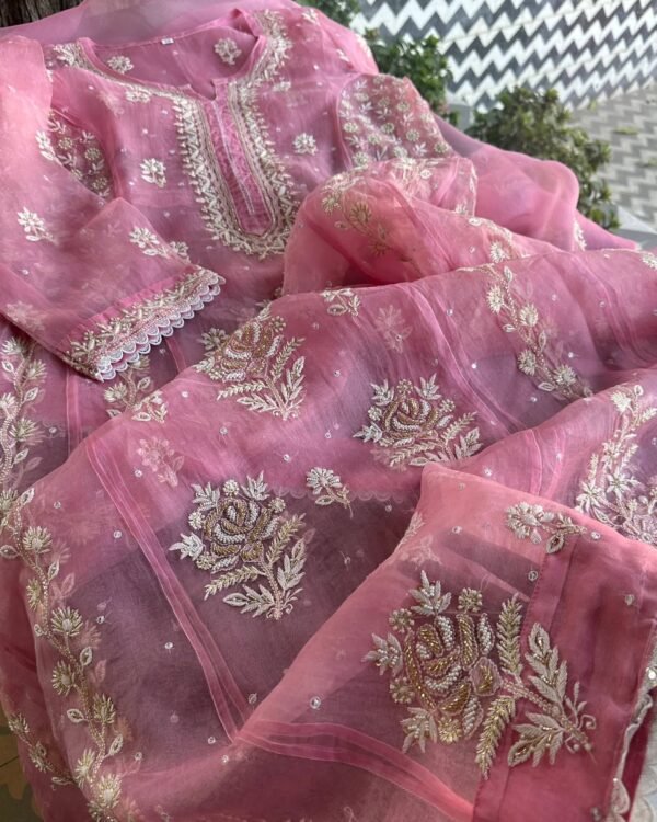 Candy Pink | Noor Organza Chikankari Anarkali - Image 6