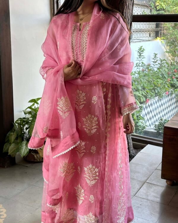 Candy Pink | Noor Organza Chikankari Anarkali - Image 8