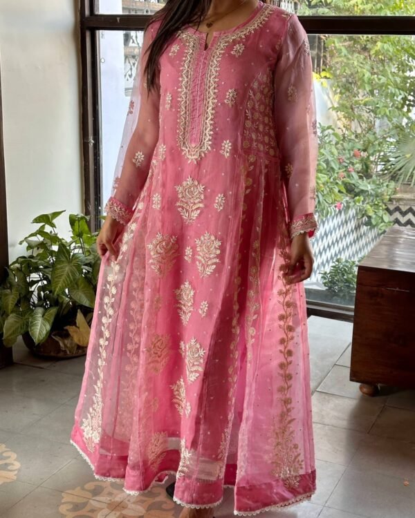 Candy Pink | Noor Organza Chikankari Anarkali - Image 3