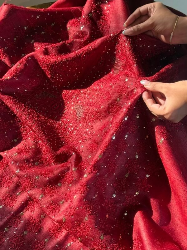 Roheen Red Tussar Silk Chikankari Unstitched Kurta Dupatta Fabrics Set - Image 10